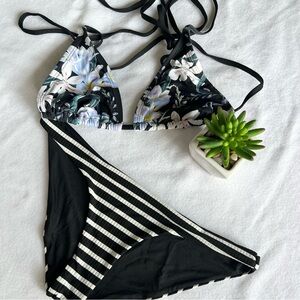 VITAMIN A Ribbed Black & White Striped Bikini Bottom